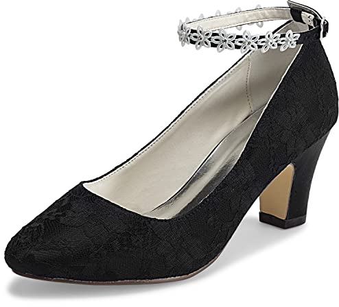 JIAJIA 62311A Damen Brautschuhe Closed Toe Chunky Heel Spitze Satin Pumps Satin Blume Hochzeitsschuhe Farbe Schwarz,Größe 41 EU (7 UK)