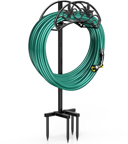 Winpull Garden Hose Holder Detachable, Heavy Duty Metal Water Hose Hanger Freestanding Hose Organizer Hose Holders for Outside (Black)