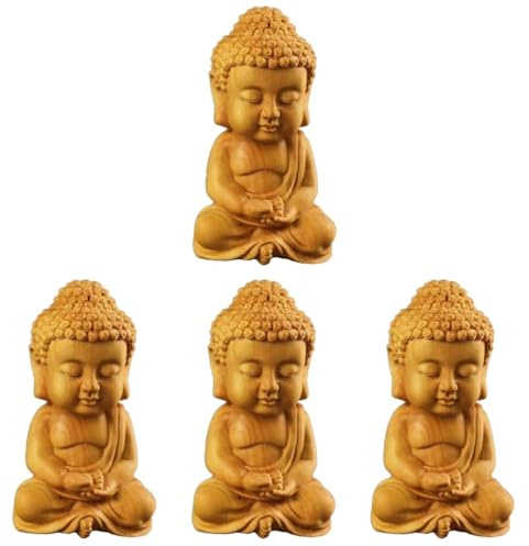 Warmhm 4 stycken Buddha-figur Buddhastaty, liten Buddha Buddha-figur, träshakyamuni-Buddha Zen-Buddha-dekorationer, skrivbordsfäste meditering, Tathagata trä baby lycklig