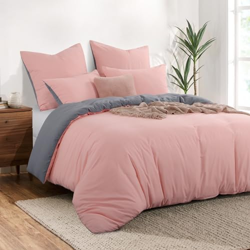 Aisbo Bettwäsche 200x200 3teilig Rosa Grau - Bettwäsche Sets 1 Bettbezug 200x200 cm + 2 Kissenbezüge 80x80 cm, ÖKO-TEX Wendebettwäsche Weich Mikrofaser mit Reißverschluss