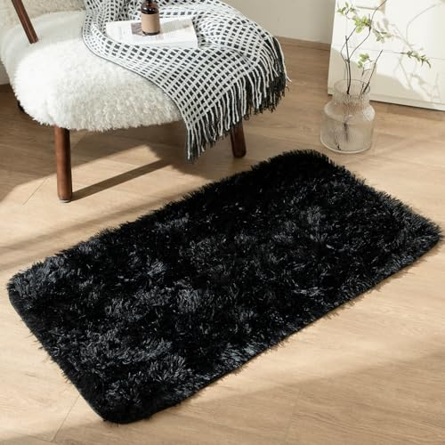 OMERAI Wohnzimmer Teppich antirutsch Schwarz Schlafzimmer Teppich hochflor Shaggy Teppiche Gegend (Schwarz,60x110cm)