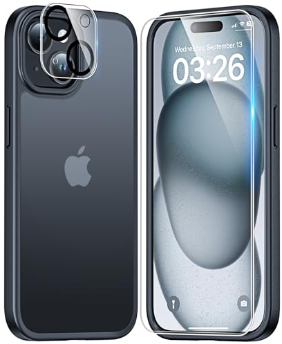 TAURI Schutzhülle für iPhone 15, [5-in-1] 1 Schutzhülle [Anti-Gelb] + 2 Displayschutzfolien + 2 Rückseitenschutz, stoßfest, 360-Grad-Abdeckung – Schwarz