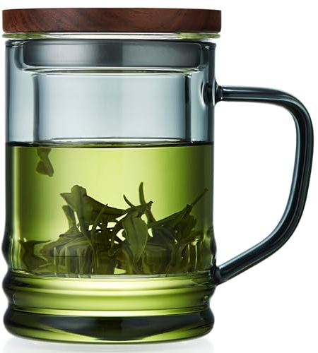 Unbreakable - Glass Tea Cup with Infuser and Lid 14.5 fl oz, Heat Resistant Borosilicate Glass Teacup Infuser Mug for Blooming and Loose Leaf Tea, Gas Stovetop Safe