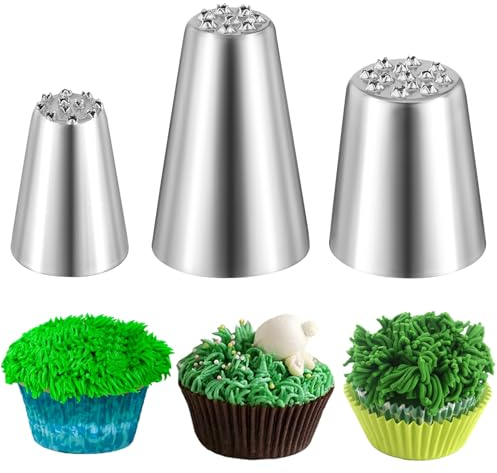 Prasacco 3 PCS Grass Piping Nozzle, Stainless Steel Grass Nozzles for Cake Decorating Grass Icing Nozzles Set Grass Cream Tips Cake Decorating Piping Nozzles for Decorating Cakes, Cupcakes Fondant