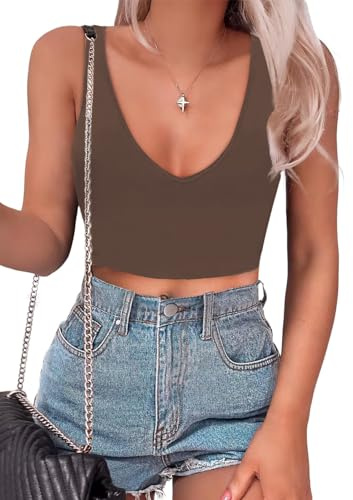 BEINF Canotta Donna Estiva Top Corto Sexy Collo V Profondo Senza Maniche Slim Fit Trendy Y2K Corsetto Ladies Tank Tops Canotte Basic Tops T Shirt caffè S