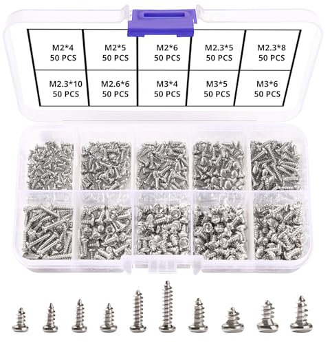 VooGenzek 500 Pièces M2 M2.3 M2.6 M3 Vis Autoperceuses à Tête Croisée, Vis Autotaraudeuse, Micro Vis à Tête Cylindrique, pour Plastique Bois Métal Mou (Vis Miniatures Argentées)