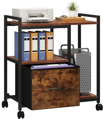 Dripex Druckertisch mit Rädern Rollcontainer, Mobile Aktenschrank, Büroschrank mit Ablage und Schublade für Dokumente, Letter-Format, Industrie-Design, Braun
