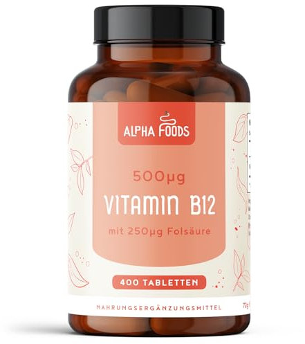 Vitamin B12 hochdosiert | 400 vegane Tabletten für 1+ Jahr Versorgung | 500µg Vit B12 und 250µg Folsäure pro Tagesdosis | Hochdosiert & ohne Zusatzstoffe | Alpha Foods