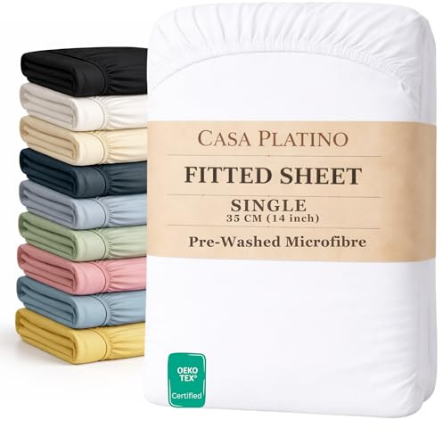 Fitted Sheet Single, White – Pre-Washed, Deep Pocket 14 inch (35 cm) - Easy Care - Soft Brushed Microfibre Fabric - Shrinkage and Fade Resistant - Bottom Sheet