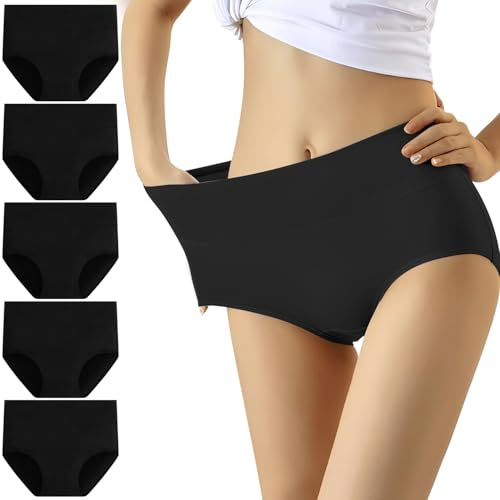 YouShow Cotton Underwear Womens Ladies Black High Waisted Knickers 5 Pack Size 14 Full Briefs C Section Plus Size