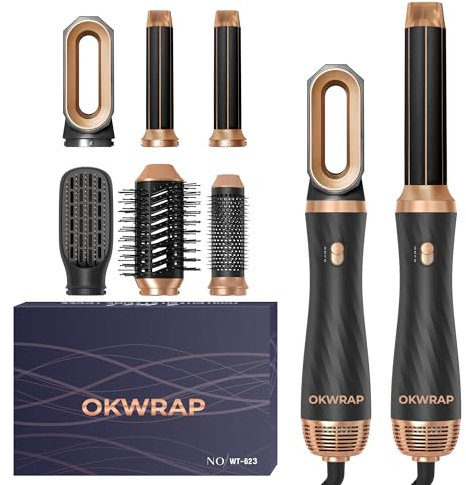 OKWRAP Fön Ionen Haarstyler Hair Styler Set Air Styler set 6 In 1 Mit Rundbürstenföhn Warmluftbürste Airflow Lockenstab Automatisch, Volumen Föhnbürste,Für Glätten, Trocknen, Volumen, Locken