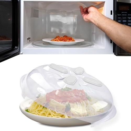 HOVER COVER Magnetic Splatter Cover, 12-Inch Clear BPA-Free Food Lid, Vented Plate Guard with Steam Vents, Anti-Splash Microwave Lid, Dishwasher Safe, Space-Saving Magnetic Storage - Ivory White