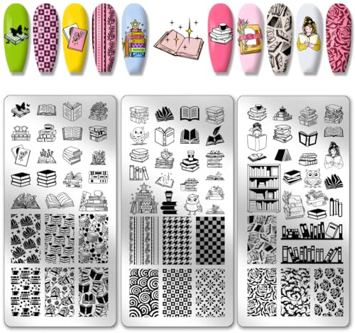PH PandaHall Plantillas de arte de uñas de acero inoxidable con diseño de libro de lectura, 3 unidades, diseño de búho, flor, para mujer, 12 x 6 cm