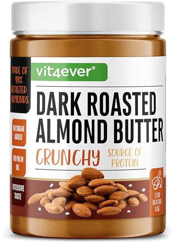 vit4ever Mandelbutter Dark Roasted - 1kg natürliche Mandel Butter - Extra Crunchy & intensiver Geschmack mit Salz verfeinert - High Protein - Mandelmus ohne Zusätze Öl oder Palmfett - Vegan