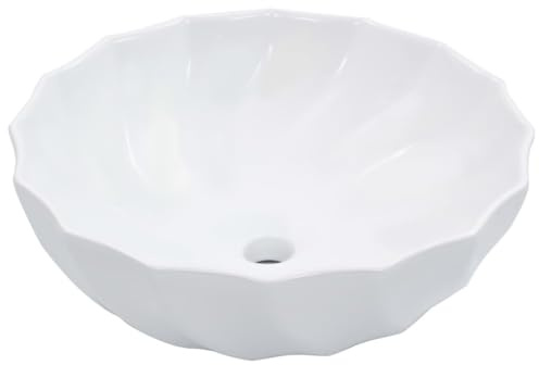 Lavabo de Cerámica Blanco, Diseño Redondo con Estampado Floral, para Baño, Aseo o Tocador, Fácil de Limpiar, Acabado Brillante, Montaje sobre Encimera, 46x17 cm