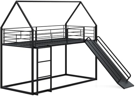 GOPLUS Cama Litera para Niños de 6-16 Años, Cama con Tobogán en Forma de Casita, Escalera de 3 Peldaños y Barandilla de Seguridad, Estructura Robusta de Metal, 204 x 195 x 181,5 cm (Negro)