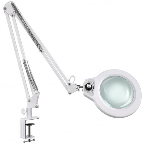 Beyamz Lámpara Lupa LED Blanca con Pinza, Lente de Vidrio 12,5 cm 5 Dioptrías, Regulable 5 Modos, Brazo 1 m, Ideal para Precisión, Estética, Lectura y Pasatiempos