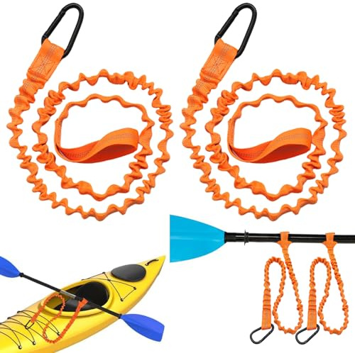 TENGWA Kajak Paddelleine 2 Stück Elastische Kajak Orange 95-150cm Dehnbar Paddelriemen mit D-Karabiner Paddel Leash Elastische Paddel Leine für Kanu Boot SUP Board Paddeln