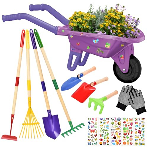 JONRRYIN Skottkärra för barn, set med handskar, spade och räfsa, trädgårdsskottkärra för utomhusbruk, pedagogiska lekar för barn (lila)