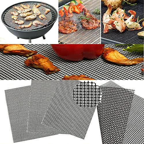 Juego de 5 alfombrillas de malla reutilizables – Rejilla de malla mate XL 21 x 33 cm, negro, accesorios de barbacoa antiadherentes para verduras, pescado, ahumadero exterior, parrilla de carbón, gas y