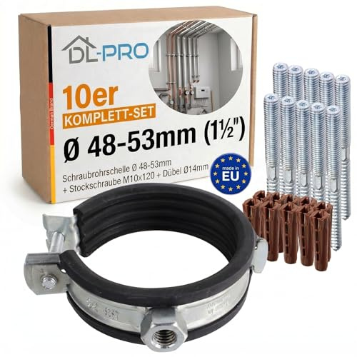 DL-PRO Abrazadera de tubo de tornillo de 48-53 mm (1½) EPDM, aislamiento acústico, juego de 10 unidades, incluye tornillo M8 x 90 y tacos, tubo de acero DN40 HT DN50