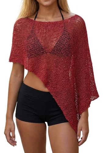 Edhomenn Womens Sheer Poncho Top Summer Beach Coverups Y2k Crochet Shawl Jumper Asymmetrical Hem Lightweight Bloero Cape Top (A-burgundy, M)