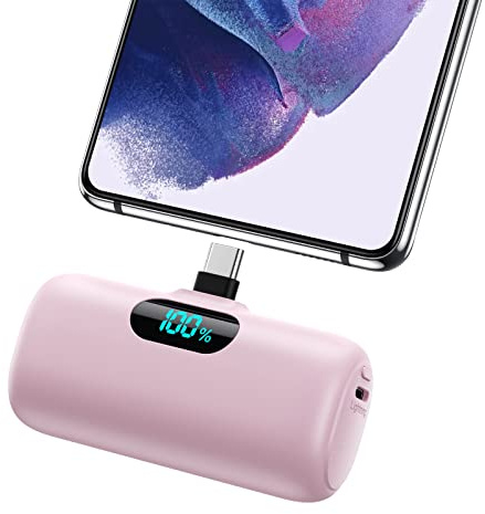 Feob Power Bank USB C 5000mAh, 15W PD 3.0A Schnelles Aufladen Powerbank Schlank LCD Display Extrener Akku Pack Kompatibel mit Samsung S23,S22/Note/Huawei/LG/Pixel/Nexus,USB-C-Telefone usw.[Rosa]