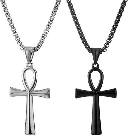 JKJF 2 Piezas Egipcio Ankh Cruz Colgante Collar de acero inoxidable Ankh Cadena Colgante Vintage Coptic Ankh Cruz Collar Religioso Gótico Hip Hop Punk Collar para Hombres y Niños - Plata Negro