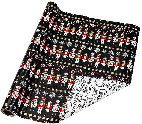 Holijolly Rollo de papel de regalo navideño reversible - Cascanueces en negro y letras Feliz Navidad en blanco - 43,2 cm x 10 m (46,45 pies cuadrados)