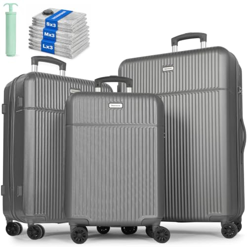 H.yeed Luggage Sets 3, ABS Hard Shell Lightweight Trolley Travel Suitcase Set with 4 Spinner Wheels TSA Lock for Man Women, 21 + 24 + 28-Grey