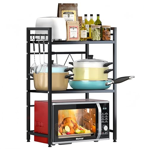 Mointal Soporte Expandible para Microondas, Estantería 3 Niveles para Microondas de Cocina, Estantería Acero al Carbono para Microondas de Encimera, Organizador Almacenaje Cocina con 8 Ganchos, Negro