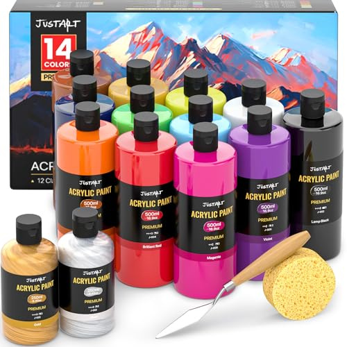 JusArt Juego de botellas de pintura acrílica de 14 colores de 500 ml (2 pinturas metálicas de 250 ml), suministros de pintura a granel ricos pigmentados para artistas, principiantes, niños y adultos