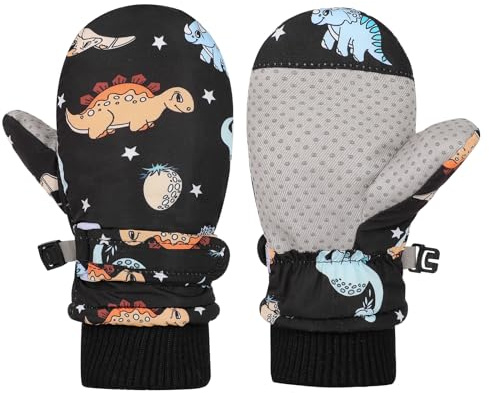 QKURT Kids Ski Mittens for 2-8Y, Waterproof Winter Warm Snow Gloves, Cute Cartoon Dinosaur Gloves, Thick Fleece Lining Thermal Snowboard Skating Mittens with Anti-Slip Palm for Boys Girls
