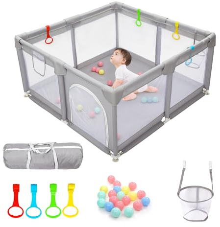 CHOLY Baby Playpen for Babies and Toddlers, Durable Play Pen | Visible Breathable Mesh, Foam Protection, Easy to Assemble Infant Fence with Travel Bag -128 ×128cm (Light Grey, Bag)