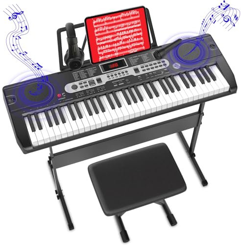 Verbessert Keyboard Piano, Klavier Keyboard für Anfänger, 61-Tasten E-Keyboard mit Keyboardständer, Klavierbank, Mikrofon, Kopfhörer, Notenständer, LED-Bildschirm, Zwei Lautsprecher, Lehrmodus
