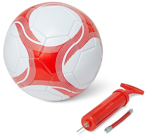 Amazon Basics Fußball Größe 5 mit Pumpe – Trainingsball, strapazierfähige PVC-Konstruktion, Butylblase, für den Innen- und Außenbereich, maschinengenähter Übungsball, Weiß und Rot