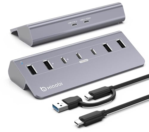 Xiaobi USB C Hub,Powered USB Hub with 5V 3A Power Adapter, 10Gbps Data Splitter with 4 Type-A and 3 Type-C Ports, 7-Port Multiport Adapter for MacBook Air/Pro