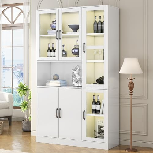 NovaFurnish Credenza bianca con vetrina, scaffali per libri con ante, grande credenza da cucina, armadio per la dispensa, scaffale lussuoso per libri con luce LED, credenza con ripiani per soggiorno