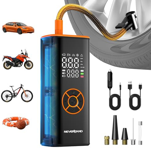 NEVERLAND Elektrische Luftpumpe Fahrradpumpe Akku Kompressor - 150 PSI Tragbare Luftkompressor für Auto, Motorrad, Fahrrad, Bälle, über USB-C wiederaufladbar, Als Taschenlampe und Powerbank