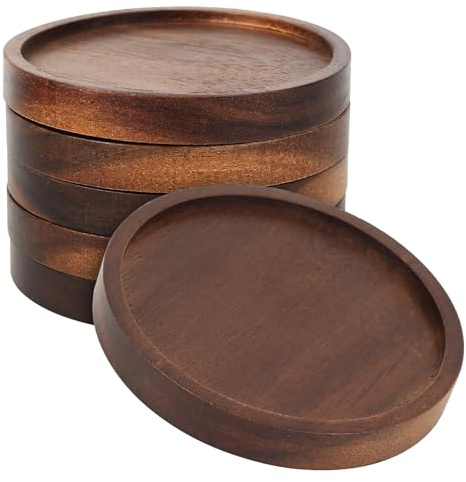 5 Pcs Posavasos Madera, 10cm Coasters, Posavasos de Madera Antideslizantes para Mesa, Cerveza, Copas y Botellas de Vino, decoración para Bar casa