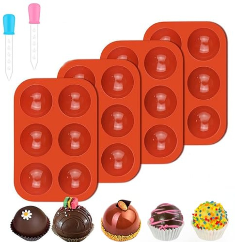 Set da 4 Stampi Semisferici in Silicone con 2 Contagocce – Stampo Multiuso per Cioccolato, Torta, Budino, Gelato, Palline di Sapone e Dolci Fai Da Te – Senza BPA, Adatto al Microonde