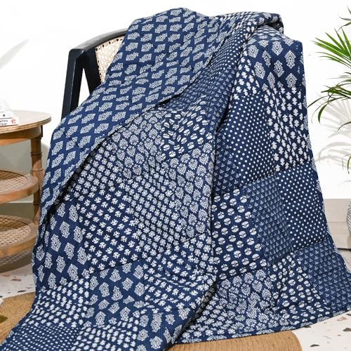 RAJRANG Quilted Indigo Blue Patchwork Cotton Throw Blanket Indian Decorative Super Soft Warm Blanket for Sofa Couch 50 x 60 Inches