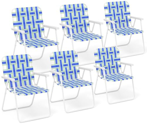 Giantex Beach Chairs Set of 6, Patio Folding Lawn Chairs for Adults, Outdoor Webbing Chair w/Steel Frame, Lightweight & Portable Camping Chairs for Fishing, Yard, Garden, Poolside Webbed Chairs, Blue