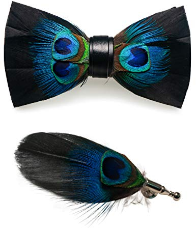 JEMYGINS Noeud Papillon Homme Les yeux noirs en Plume en Plumes Fait Main et Broche Ensemble Compris boîte