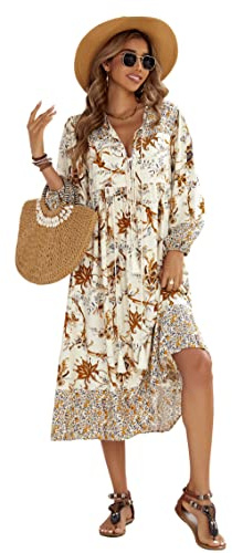 R.Vivimos Elegante Casual Mujer Bohemio Vestido Largo Estampado Corbata Manga Larga Vestido de Midi de Playa Vestido de Vacaciones(XL,White)