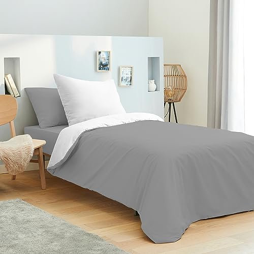 Set completo di 4 pezzi, copripiumino 140 x 200 cm, per letto 90 x 190 cm, 100% cotone, 57 fili/cm², colore: antracite/bianco, copripiumino 140 x 200 cm, letto 90 x 190 cm