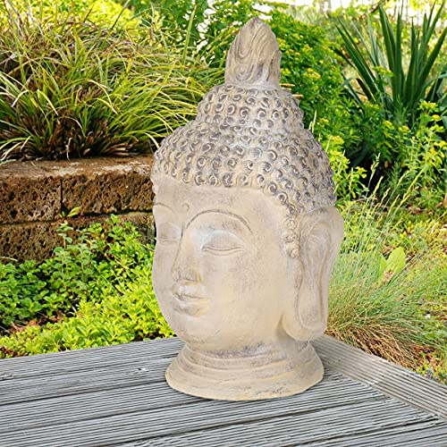 ECD Germany Tête de Bouddha Statue Sculpture Décoration Feng Shui Pierre Artificielle Polyrésine 55 cm Beige/Gris Figurine Ornement de Jardin Bureau Maison Jardin Objet Décoratif Intérieur Extérieur