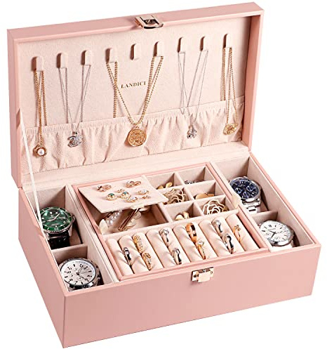 LANDICI Jewelry Box Organizer for Women, 2 Layer 4 Slot Watch Storage Case with Removable Tray, PU Leather Large Jewellery Holder Display for Watches Sunglasses Rings Earrings Necklace, Pink