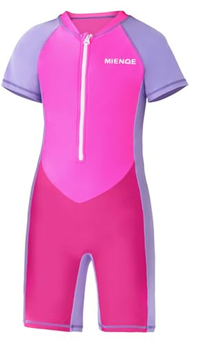 MIENOE Teen Girls One Piece Swimsuit Kid Girls' Water Sport Short Swimsuit UPF 50+ Sun Protection Bathing Suits (Size 12-14Years, Pink)