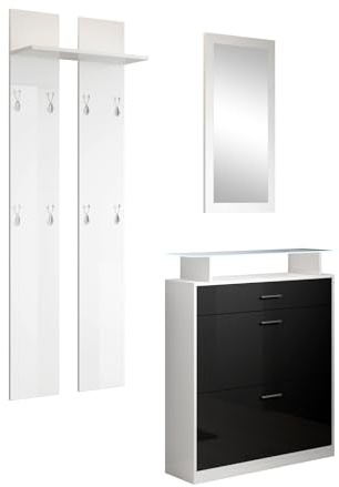 MB Muebles Bonitos | Conjunto Recibidor Paola Set con Zapatero | Espejo | Perchero | Luz LED | Diseño Moderno | Melamina Brillo | Color Blanco y Negro